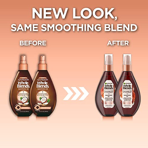 Garnier Hair Care Whole Blends Smoothing Oil with Coconut Oil & Cocoa Butter Extracts, Hair Treatment to Fight Frizz for Soft, Smooth, Shiny Hair 3.4 Fl Oz (2 Count)