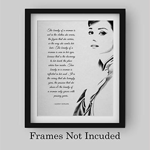 "The Beauty of a Woman"-Audrey Hepburn Quotes- 8 x 10" Inspirational Wall Art. Typographic Poster Print with Silhouette Image-Ready to Frame. Home-Office-Studio-Salon Decor. Reminder of True Beauty!