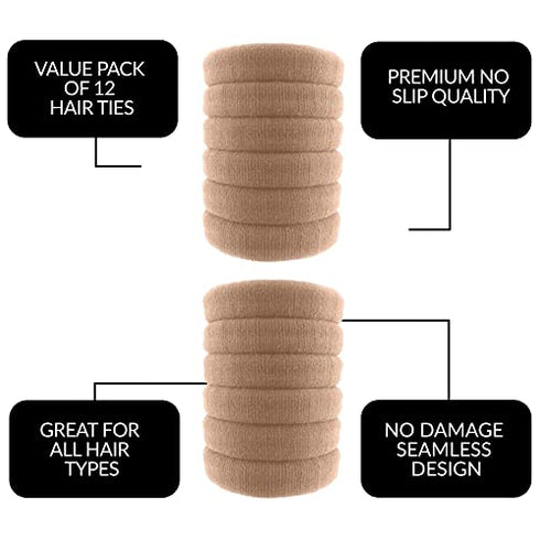 Styla Hair 12 Pack No Crease Hair Tie Blonde Elastic Bands for Thick, Curly, Wavy Hair – Seamless No Slip, No Damage Design Ponytail Holders for Women & Men - Flexible Comfort for All Day Wear Great for High Impact Sports, Workouts & Exercise