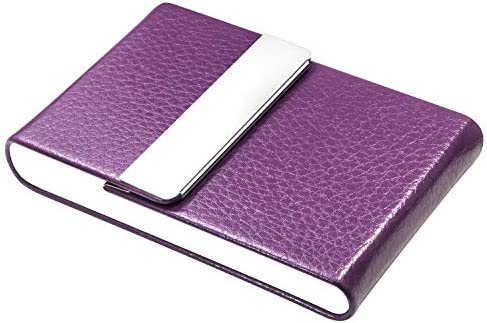Padike PU Leather Business Card Holder for Women Slim Pocket Business Name Card Holder Stainless Steel Business Card Case with Magnetic Shut (Purple)