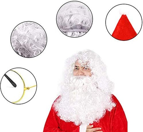 BigOtters Santa Costume Accessory, 4pcs Christmas Set with Glasses, Xmas Hat, Deluxe Long White Santa Claus Beard and Wig for Men Women Cosplay Dress up Props