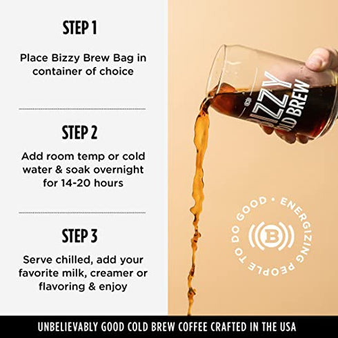 Bizzy Organic Cold Brew Coffee | Espresso Blend | Coarse Ground Coffee | Micro Sifted | Specialty Grade | 100% Arabica | Brew Bags | 4 Count | Makes 14 Cups