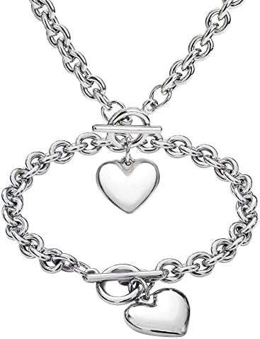 Silver 18k Gold Rose Gold Plated Charm Chunky Stainless Steel Chain Heart Toggle Choker Bracelet Necklace Set for Womens Girls Fashion Valentine Jewelry Set