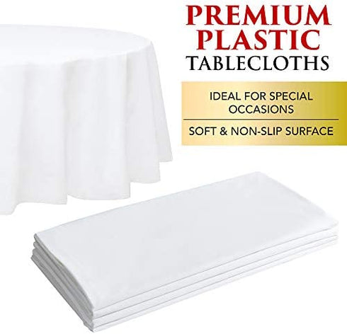 4 White Round Plastic Tablecloth - 84" Plastic Table Cloth | Disposable Tablecloths | White Tablecloths | Plastic Table Cover | Paper Tablecloths for BBQ, Party, Fine Dining, Wedding, Outdoor