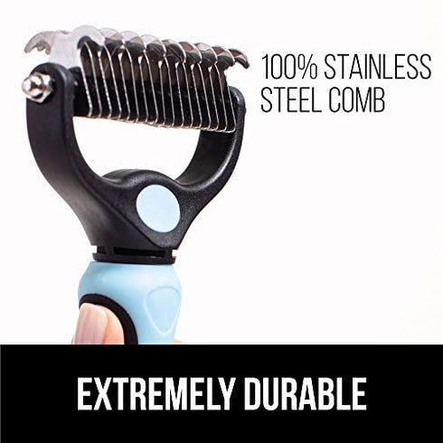 Gorilla Grip Stainless Steel Pet Grooming Rake, Comfort Handle, Dematting and Deshedding Dog Brush, Prevent Mats and Tangles, 2 Sided Cats and Dogs Hair Comb, Groom Short Long Undercoat Fur, Blue