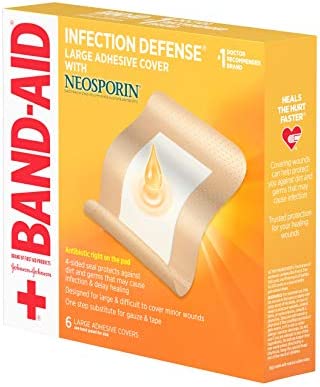 Band-Aid Brand Infection Defense Adhesive Wound Covers with Neosporin Antibiotic Ointment On The Pad for First Aid Wound Care, Bacitracin Zinc & Polymyxin B Sulfate, Sterile, Large, 6 ct