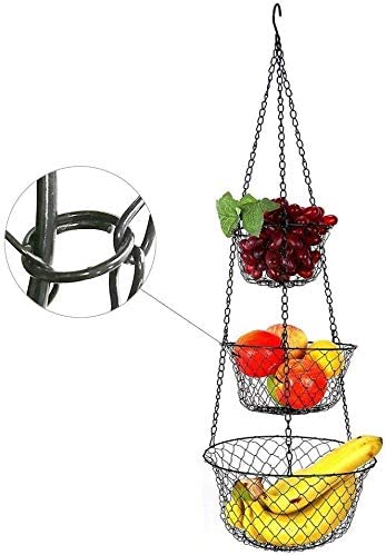 MALMO 3-Tier Wire Fruit Hanging Basket, Vegetable Kitchen Storage Basket, Iron Wire Black