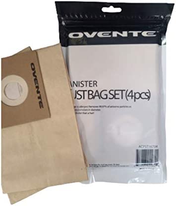 Ovente 4-Pack Premium Disposable Compact Dust Bag Replacement with 99.9% Ultra Filtration, Fit for ST1600 Canister Vacuum Cleaner Model Series Large Size and Easy Storage, Brown ACPST16704