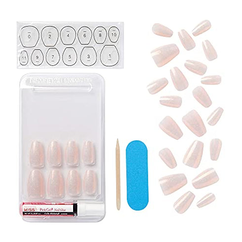 KISS Classy French Nail Manicure Kit with Gel Finish, Medium, Coffin Shaped, “Cozy Meets Cute”, Nail Kit Includes Pink Nail Glue (Net Wt. 2 g / 0.07oz.), Mini File, Manicure Stick, and 28 Fake Nails