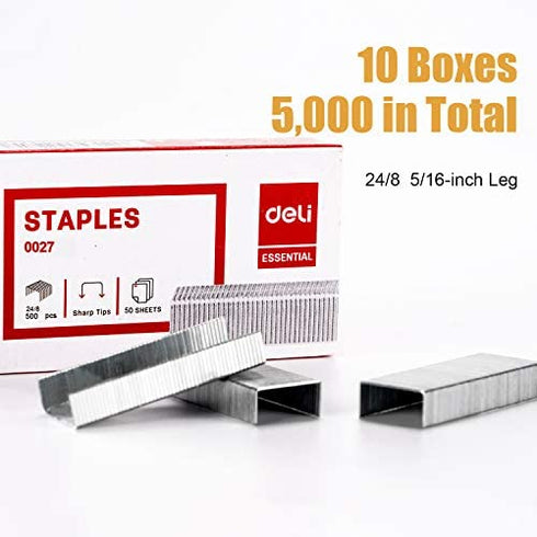 Deli 5,000 Staples, Fits Deli 40 and 60 Sheet Capacity Staplers, 5/16" Leg Length Staples of 50 Sheet Capacity, 24/8, Jam Free Sharp Chisel Point Design, 10 Boxes of 500 Staples