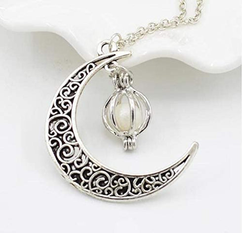 Rckcu Glow in The Dark Silver Crescent Moon and Orb Necklace - Glowing Blue Moon Charm - Magical Fantasy Fairy Glowing Necklace - Glow Jewelry (sky blue)