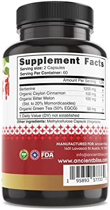 Ancient Bliss Berberine HCL 1200mg with Ceylon Cinnamon, Bitter Melon, and Green Tea Extract - 120 Capsules - Supports Immune System