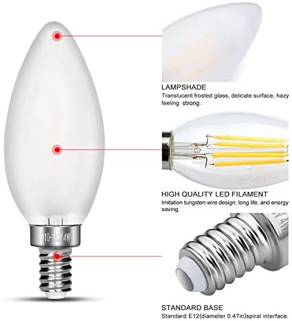 CarryBC Dimmable LED Candelabra Bulb Soft White , 2700k 40W Equivalent E12 Base LED Candle Bulbs, C35 Frosted Glass Torpedo Shape Bullet Top, 360 Degrees Beam Angle, Pack of 6 …