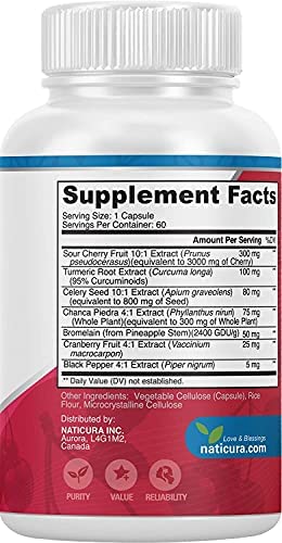Naticura Tart Cherry Uric Acid Cleanse - Uric Acid Joint and Muscle Support Supplement - Tart Cherry with Turmeric, Cranberry, Pomegranate, Celery Seed Extract, Bromelain - 60 Tart Cherry Capsules