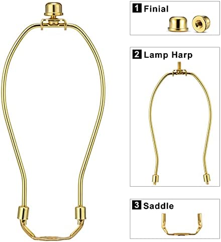 8 Inch Detachable Lamp Shade Harp Holder for Table and Floor Lamps, 2 Set Heavy Duty Lamp Shade Bracket with 3/8 Standard Saddle and Lamp Finial, Polished Brass