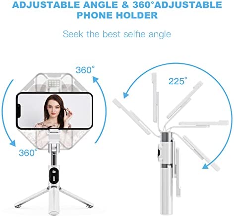 ACEHE Selfie Stick for iPhone Wireless Bluetooth Tripod Selfie Stick with LED Light Detachable Remote 360 Rotation Compatible with iPhone 13/13 Pro/12/11/XR/X/Pro Max/Mini, Android Smartphone -White