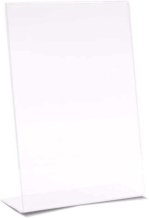 Photo Booth Frames - 5x7 Inch Clear Acrylic Display, Slanted Back Vertical Standing Plastic Picture or Display Sign Holder with Inserts - 12 Count