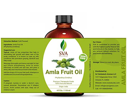 SVA Organics 100% Pure & Natural Amla Oil 4 Oz with Dropper, Authentic & Premium Quality Therapeutic Grade NON-GMO Oil Large Size for Rejuvenating Scalp, Hair & Skin
