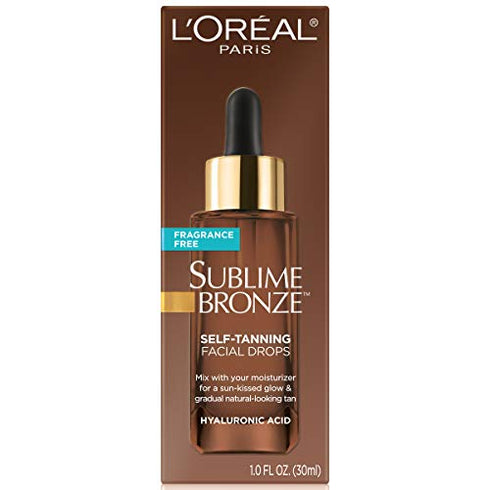 L'Oreal Paris Sublime Bronze Self Tan Drops for Face, Hyaluronic Acid, Self-Tanning Facial Drops, Buildable Tan, Customizable Sun-Kissed Glow, Gradual Tan, Fragrance-Free, 1 fl oz Packaging May Vary