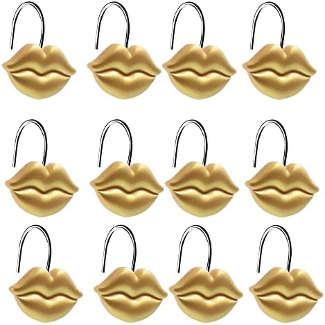 CandyGrid Gold Shower Curtain Hooks Rings, Shower Hooks for Shower Curtain Set of 12, Rustproof Metal Shower Rings for Bathroom (Gold Lips)