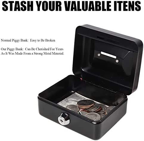 Small Cash Box with Lock and Slot - Jssmst Metal Coin Bank Piggy Bank for Adults and Kids, Black(SMCB0301N)