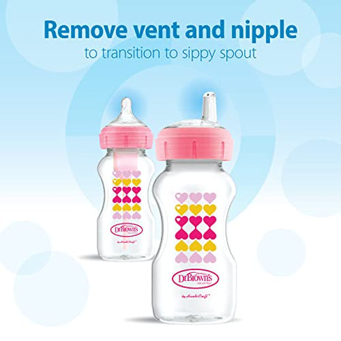 Dr. Brown’s Natural Flow® Anti-Colic Options+™ Wide-Neck Sippy Bottle Starter Kit, 9oz/270mL, with Level 3 Medium-Fast Flow Nipple and 100% Silicone Soft Sippy Spout, Pink, 6m+