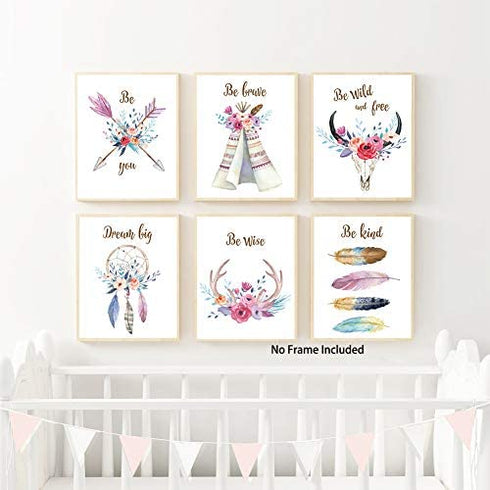 KAIRNE Girls Boho Tribal Art Print,Dreamcatcher Feathers Flowers With Inspirational Quote Wall Poster Picture,Set Of 6(8X10“ Unframed) Watercolor Positive Affirmation Words Bohemian Canvas Poster
