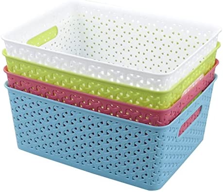 Rinboat Medium Colored Plastic Storage Baskets, 4 Packs