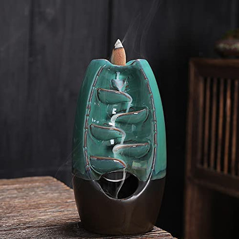 Zvaiuk 2 Sides LED Waterfall Incense Burner?Ceramic Backflow Incense Holder , Fountain Smoke Incense Holder with 120 Incense Cones & 50 Incense Stick, Aromatherapy Ornament Home Decor(Blue)