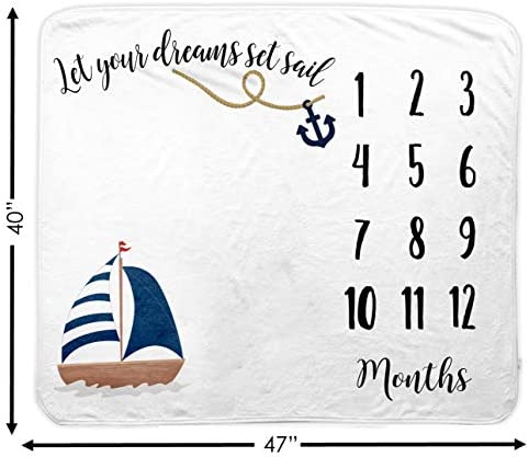 Baby Monthly Milestone Blanket | Includes Felt Frame and Baby Sailor Hat | 1 to 12 Months | Premium Extra Soft Fleece | Best Photography Backdrop Prop for Newborn Boy & Girl (Sailor Blanket)