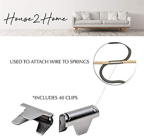 House2Home 40 Pack Upholstery Stay Wire Clips for Sofa, Couch, and Chair Spring Repair, Includes Instructions, Connectors to Attach Springing Wire to Springs