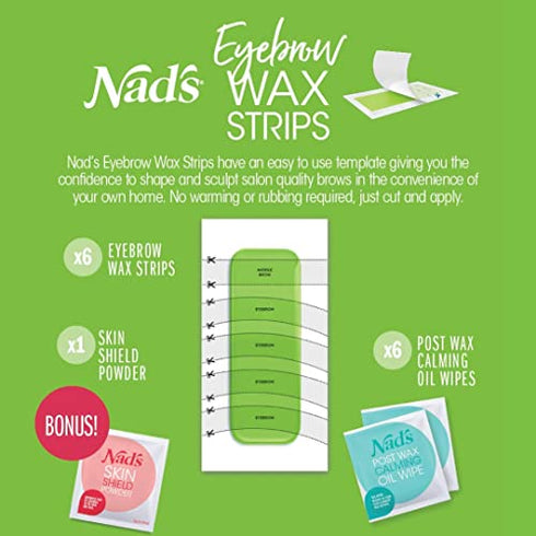 Nad's Eyebrow Wax Strips - Facial Hair Removal for Women - Eyebrow Wax Kit with 6 Eyebrow Waxing Strips + 6 Calming Oil Wipes + 2g Skin Protection Powder, 1 Count