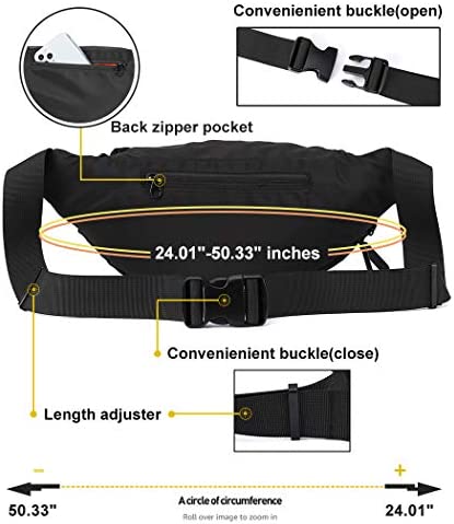 Black Large Fanny Pack for Men Women Plus Size Waist Waterproof, Gym Outdoor Fashion Belt Waist Bag Pack Pouch for Men with Zipper Adjustable Strap,Nylon