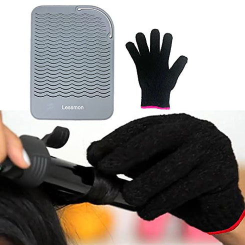 Flat Iron Travel Mat, Curling Iron Counter Protector with Heat Resistant Glove for Curling Irons, Hair Straightener, Flat Irons and Hair Styling Tools, 9” x 6.5”, Gray by Lessmon