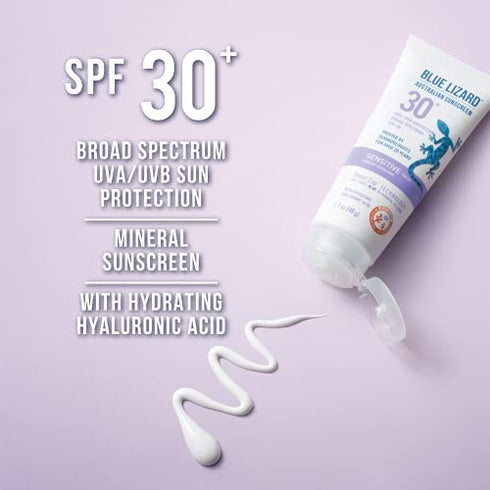 Blue Lizard SENSITIVE FACE Mineral Sunscreen with Zinc Oxide and Hydrating Hyaluronic Acid, SPF 30+, Water Resistant, UVA/UVB Protection with Smart Cap Technology - Fragrance Free, , 1.7 oz.