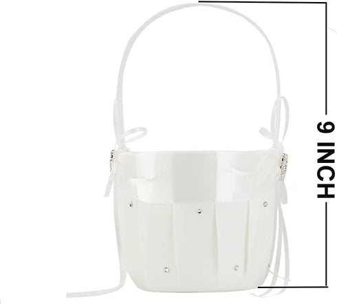 AmaJOY 2pcs Beach wedding Flower Girl Basket Ivory Flower Basket with Double Heart Rhinestone Decor