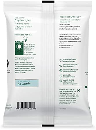 Grab Green Natural Wet Dryer Sheets, Unscented/Free & Clear, Fabric Softener & Static-Reducer, 64 Loads, Reusable & Compostable, Fragrance Free