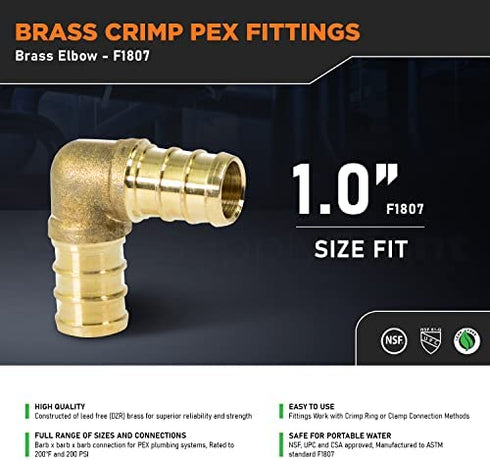 Supply Giant QYMO0100-OM x PEX 90 Degree Elbow Barb Pipe Fitting 1" Brass, 1 Inch