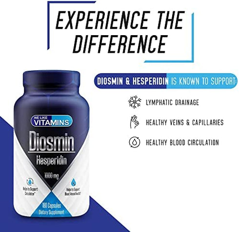 Diosmin Hesperidin 1000mg Per Serving – 180 Capsules – 90 Day Supply - Diosmin and Hesperidin Supplement – Helps to Support Healthy Circulation, Veins, Capillaries, and Lymphatic Drainage