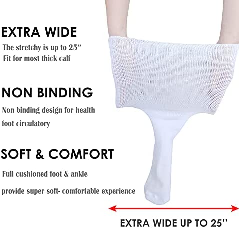 Extra Wide Socks for Lymphedema Swollen Feet Leg, Bariatric Socks, Medical Cast Sock, Diabetic Non Binding Socks – Neuropathy Swelling Feet Socks for Women Men(2 Pairs(White))