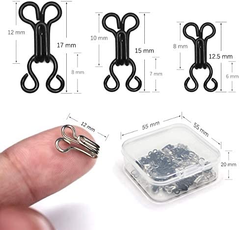 Bra Hooks,102 Set Hook and Eye Latch for Clothing,Strong Metal Bra Hooks Eyes Black and Silver, 3 Sizes