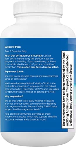 Natural Vitality Calm Magnesium Glycinate Supplement, Magnesium Supports Bone, Muscle, Heart, & Nerve Health, Supports a Balanced Mood, Non-GMO, Vegan, Gluten Free 180ct Capsules