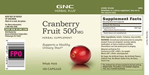 GNC Herbal Plus Whole Herb Cranberry 500mg 100 Capsules