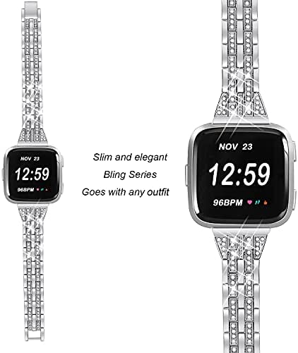 bayite Slim Bling Bands Compatible with Fitbit Versa/Versa 2/Versa Lite Smartwatch, Dressy Metal Bracelet Jewelry Wristband Women