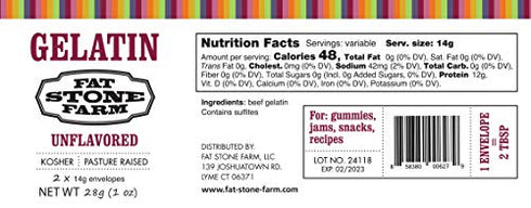 Fat Stone Farm Kosher Beef Gelatin Powder (Unflavored) - - 2 x Single Serving ½ oz Paper Packets (NEW)