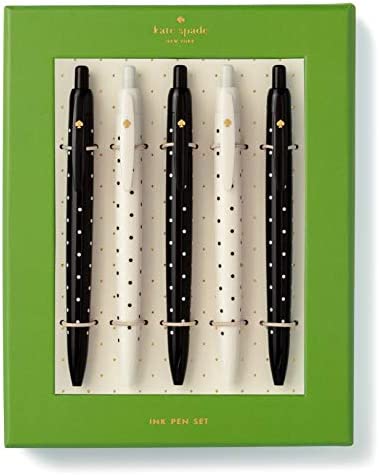 Kate Spade New York Black Ink Pen Set of 5, Polka Dot Retractable Pens, Cute Plastic Click Pens, Black Dots