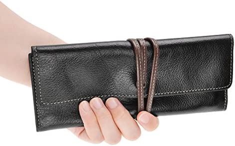 ZLYC Handmade Leather Pencil Pouch Pen Case Soft Roll Up Wrap Pencil Bag Stationery Gift (Black)