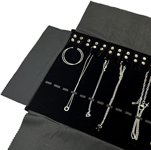 UnionPlus Velvet Travel Jewelry Roll Bag Organizer for Necklaces Bracelets, Extra Large Black with Elastic Band for Necklaces Only