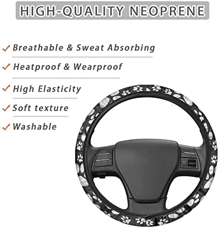 FUSURIRE Dog Paws Steering Wheel Cover Universal 15 inch, Stylish Cute Paws Print Neoprene Car Steering Wheel Covers,Car Accessories for Women,Black
