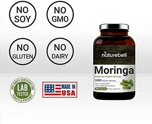 Moringa Capsules (Made with Organic Moringa Powder), 1000mg Per Serving, 200 Counts, Strong Antioxidant to Repair, Protect, Nurture Your Skin Cells and Support Immune System, Non-GMO